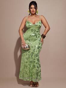 SHEIN BAE Plus Size Women Green Sequin Strap Dress - Green - View 5