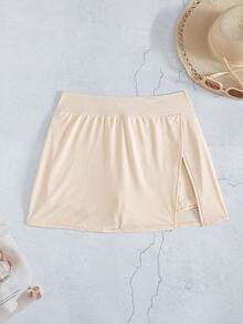Swim Lushoire Women's Solid Color Beach Outfit With Side Slit Elegant Skorts Design Swimwear And Beach Pants - Apricot - View 4