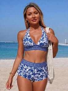 Swim Vcay 2pcs/Set New Random Print Halter Neck Briefs Sexy Elegant Vacation Bikini Swimwear Set, Suitable For Beach Golf, Pool Party White Summer - Blue and White - View 2