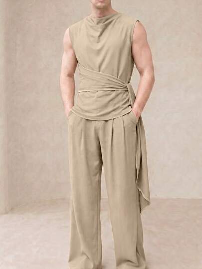 Manfinity Dauomo 301# Fashion Men's Sleeveless Draped Neck Long Pants 2 Pieces Set, 230g Healthy Fabric, Color #22