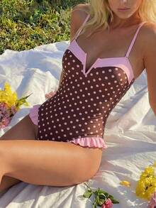 Swim Vcay 新款春夏多色波點印花小V領粉色與棕色荷葉邊女孩海灘浪漫度假連身式女款泳衣 - 彩色 - 查看 4