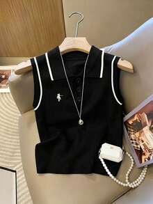 EMERY ROSE Contrast Color Polo Collar Knit Embroidered Sleeveless Vest - Black - View 1
