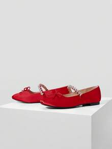 MOTF Zapatos planos vintage cómodos y casuales con detalles de strass y decoración de lazo - Rojo - Ver 10