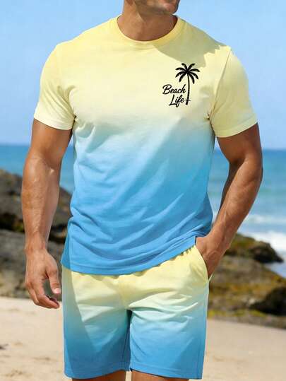 VIVINTIMO Men's Casual Ombre Short Sleeve T-Shirt & Shorts Set
