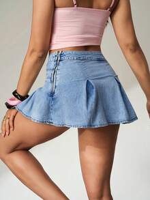 SHEIN FlexDen Chân váy ngắn xếp ly eo bất đối xứng dành cho nữ - Màu xanh lam - Xem 6