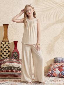 SHEIN Bộ đồ đi nghỉ mát 2 món cho bé gái tuổi teen: áo không tay cổ tròn dáng rộng màu hồng in hoa và quần ống rộng. - Màu vàng - Xem 6