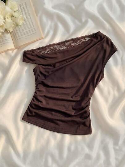 SHEIN MOD Brown Lace Patchwork Asymmetrical Shoulder Top For Women
