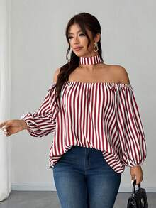 SHEIN Elenzya Áo kiểu mùa hè cỡ lớn mới, hở vai, kẻ sọc, thiết kế kiểu Pháp Niche, tay áo cánh hoa. - Đỏ - Xem 4