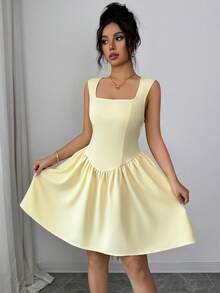 Elenzga Vestido corto de mujer de unicolor y cuello cuadrado, con diseño elegante de lazo en la espalda, versátil para salidas casuales de verano y citas a cenar - Amarillo - Ver 6