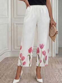 Miaspire Middle-Aged & Elderly Women's Clasic Elastic Waist Tulip Flower Pattern Straight Leg Pants,Mother Of The Bride Elegant Floral Loose Summer Trousers - White - View 5