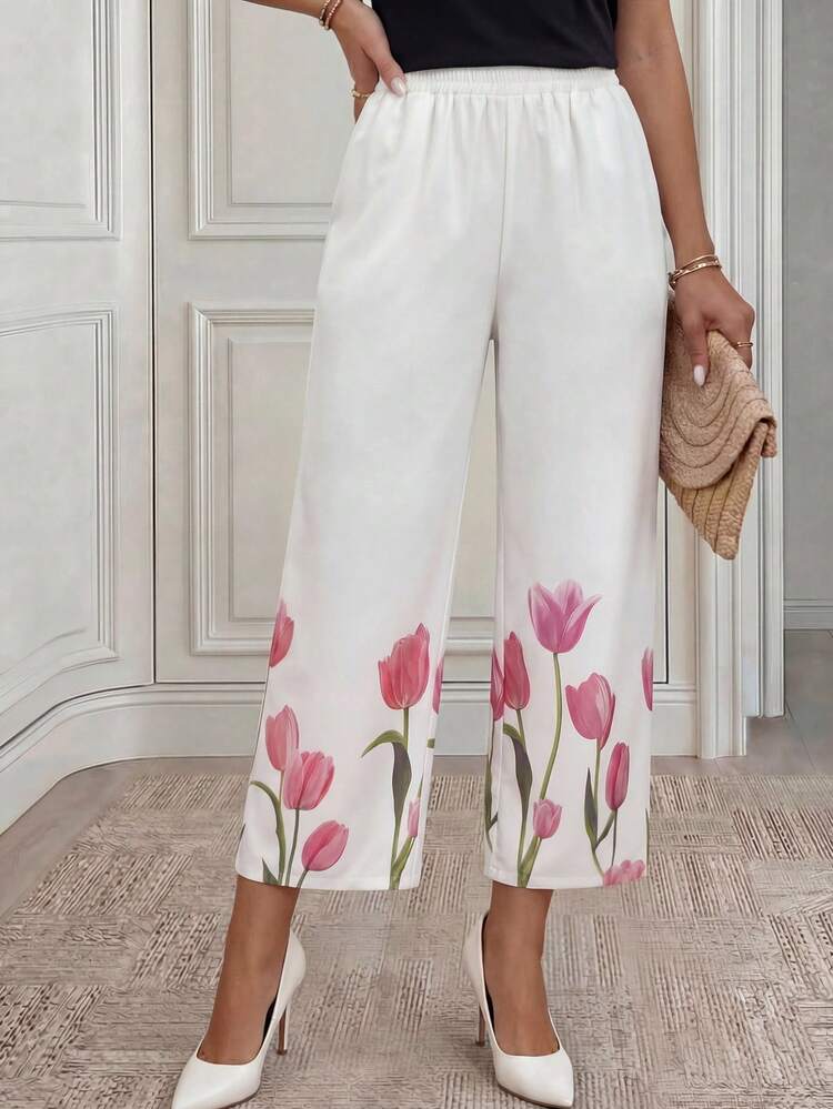 Middle-Aged & Elderly Women Elastic Waist Lily Flower Pattern Casual Straight Leg Pants,Summer Pants For Women,Festival Outfits For Women,Mother's Day ,Elegant Pants For Women,Floral Pants Flower Pants Loose Trousers For Women Tulip Print Pants Wide Leg Pants,Summer Pants,Festival Outfits For Women,Going Out Pants,,Floral Pants For Women