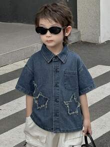 Dazy Kids Áo thun denim rộng rãi, thoải mái cho bé trai, họa tiết ngôi sao, thích hợp cho mùa hè. - Rửa tối - Xem 5