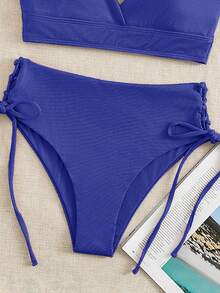 SHEIN Swim Bộ đồ bơi 2 món Xuân/Hè 2026, màu xanh đậm dành cho nữ, áo tắm không gọng cổ chữ V sâu, hở lưng, xếp ly, phong cách thường ngày mùa hè. - Xanh đậm - Xem 4
