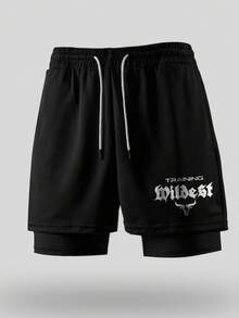 GymBeat Bộ đồ nam gồm áo tank top có mũ và quần short in chữ. - màu đen - Xem 3