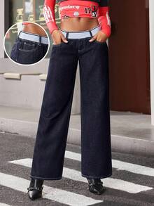 Jeanoix Wide Elastic Waist Low-Rise Flare Jeans - Blue - View 1