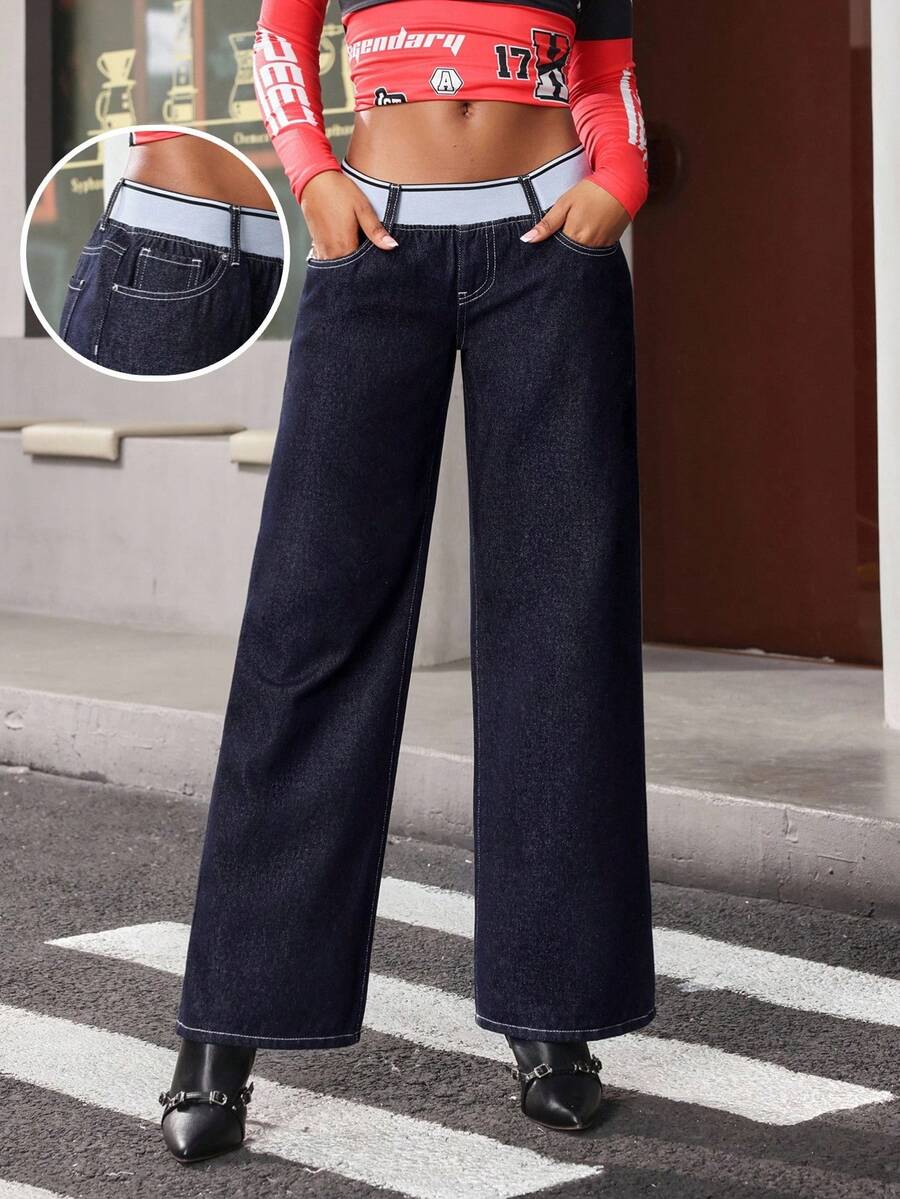 Jeanoix Wide Elastic Waist Low-Rise Flare Jeans - Blue - View 1