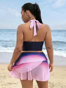 Swim Lushoire Plus Size Women 2pcs Set Navy Blue Layered Ruffle Tummy Slimming Backless Bikini Set Beach Summer Sexy - Multicolor - View 1