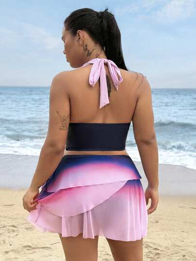 Swim Lushoire Bộ bikini hai mảnh cỡ lớn dành cho nữ, in họa tiết chuyển màu, xếp lớp bèo nhún, giúp thon gọn vòng bụng và hở lưng.