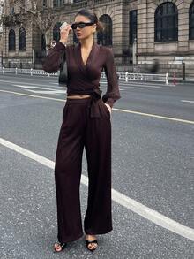 DAZY Conjunto de 2 piezas de top con cuello y mangas abullonadas y pantalones casuales para mujer - Café integral - Ver 6