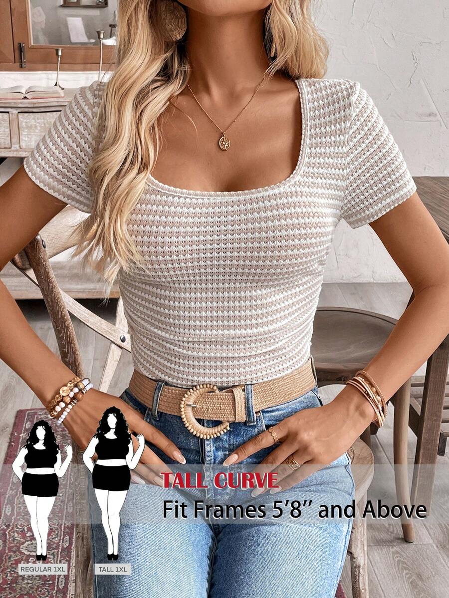 SHEIN Tall CURVE Áo thun nữ cỡ lớn kẻ sọc phối màu tương phản, kiểu dáng cơ bản, xếp ly, thích hợp cho mùa hè. - Nhiều màu - Xem 1