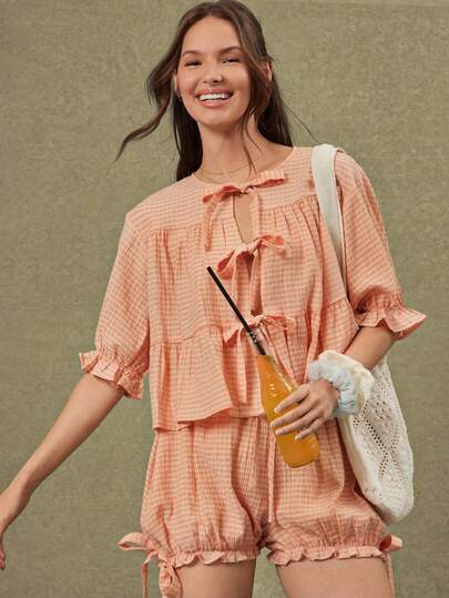 WESTFADE Blusa de mujer con volantes, mangas abullonadas y lazo en estampado de cuadros
