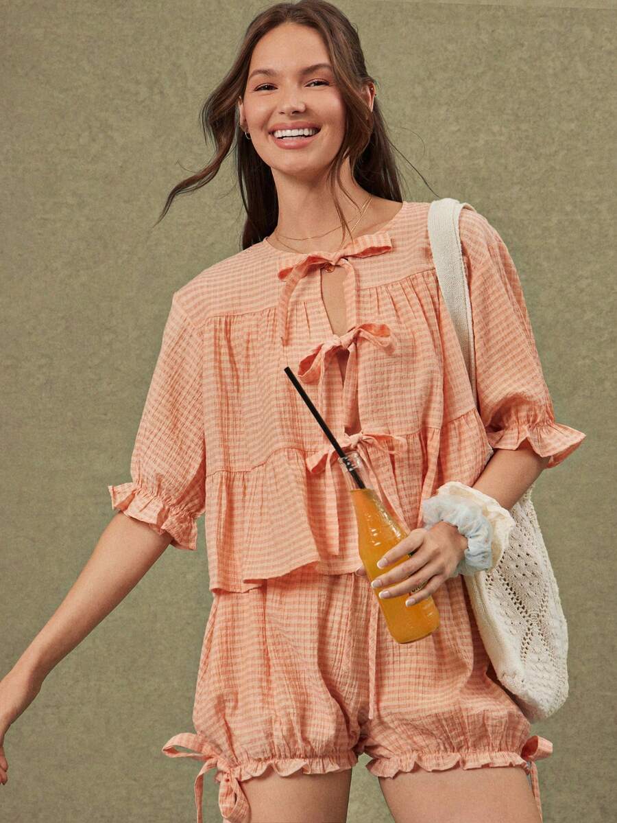 WESTFADE Áo babydoll xếp tầng tay phồng thắt nơ họa tiết kẻ caro cho nữ - Nhiều màu - Xem 1