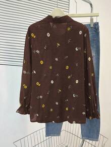 Lacomfia 刺绣面料长袖修身常规衬衫，大码，春秋季 - 棕色 - 查看 2