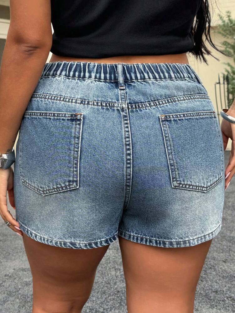 Dazy Plus Plus Size Women's Rhinestone Embellished Super Short Fitted Sexy Denim Shorts, Spring/Summer