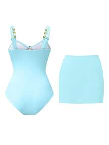 Swim Oasis 1 bộ đồ bơi liền thân nữ họa tiết ngôi sao năm cánh dễ thương, thích hợp cho kỳ nghỉ hoặc du lịch. - Màu xanh nhạt - Xem 2