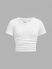 SHEIN Girlism Conjunto de niña preadolescente con top de manga corta de unicolor deportivo, scrunchie y pantalón de chándal recto de felpa - Marrón - Ver 3