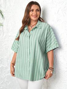 Rosumi 大码女式夏季休闲度假日常通勤条纹印花蝙蝠袖宽松衬衫 - 綠色 - 查看 7