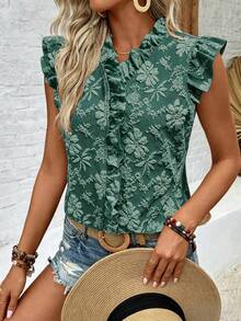 EMERY ROSE Casual Romantic Vacation Daily Wear Ruffle Sleeve Bow Tie Floral Print Sage Green Blouse For Women Day Party Summer - Dark Green - View 6