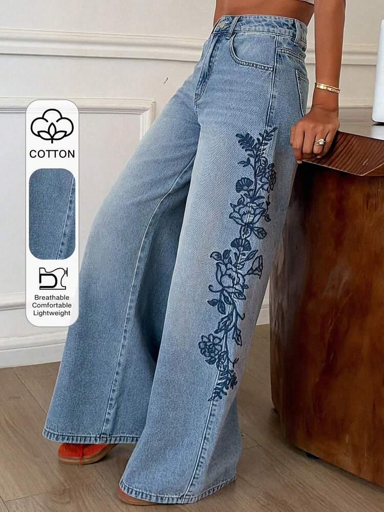 Women's Regular Waist Side Embroidery Casual Loose Straight Leg Jeans