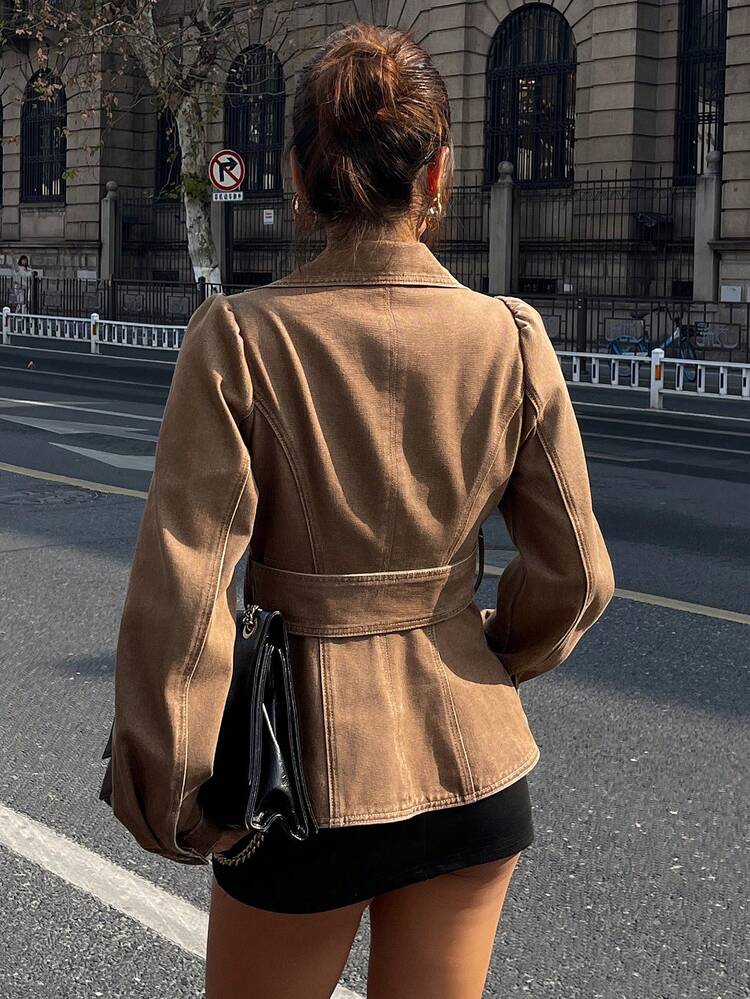 Women's Cotton Turndown Collar Cinched Waist Denim Jacket