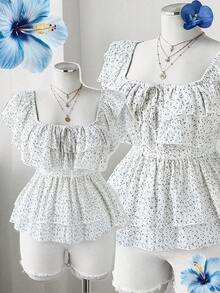 Flirla Große Größen Neue Frühling/Sommer Damen Urlaubs Elegante Sexy Strandausflug Chiffon Polka Punkt Off-Shoulder Doppel Rüschen Saum Crop Top, Taille raffende Boho Süße Prinzessin Schleife Dekor Bluse - Weiss - Übersicht 1