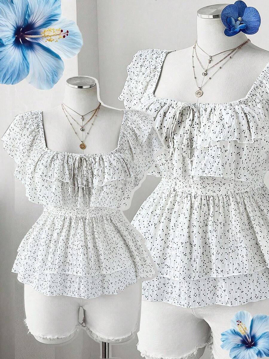 Flirla Große Größen Neue Frühling/Sommer Damen Urlaubs Elegante Sexy Strandausflug Chiffon Polka Punkt Off-Shoulder Doppel Rüschen Saum Crop Top, Taille raffende Boho Süße Prinzessin Schleife Dekor Bluse - Weiss - Übersicht 1
