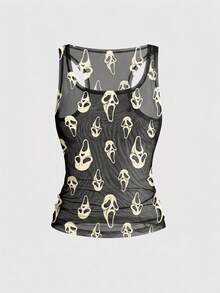 ROMWE Goth Little Devil Mask Dark Scream Horror Summer Sexy Sheer Mesh Plus Size Women's Tank Top - Black - View 1