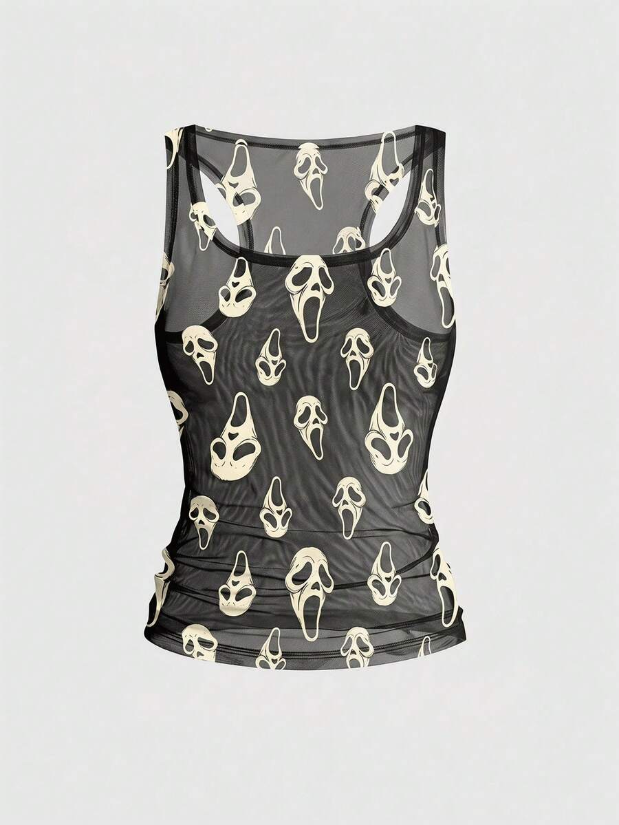 ROMWE Goth Little Devil Mask Dark Scream Horror Summer Sexy Sheer Mesh Plus Size Women's Tank Top - Black - View 1