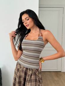 SHEIN Áo tank top nữ kiểu dáng ôm sát, kẻ sọc retro, đính cườm, dây mảnh, thanh lịch, thích hợp cho kỳ nghỉ hoặc những dịp thường ngày. - Nhiều màu - Xem 3