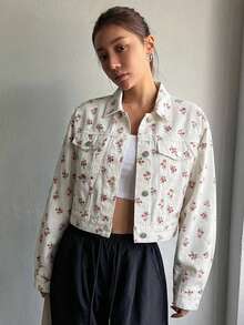 DAZY Áo khoác denim dài tay cài một hàng khuy họa tiết hoa nhí dành cho nữ - trắng - Xem 3