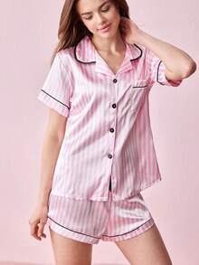 Bonmuse 3件組短袖上衣+短褲+長褲條紋印花口袋居家服套裝，女款春夏睡衣 - 彩色 - 查看 7