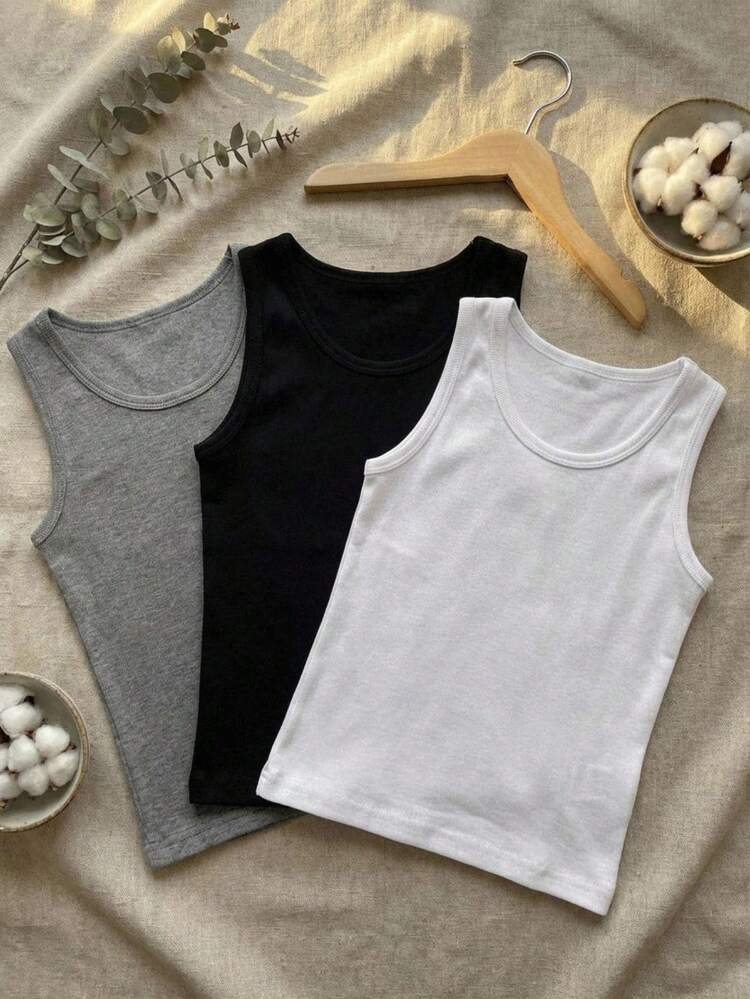 Young Boy Solid Color Round Neck Sleeveless Casual Daily T-Shirt