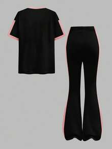 SHEIN Leap Crew 复古运动条纹套装，迷你蝴蝶结装饰，少女休闲简约黑白条纹宽松圆领短袖T恤和喇叭裤两件套，适合夏季穿着 - 彩色 - 查看 2