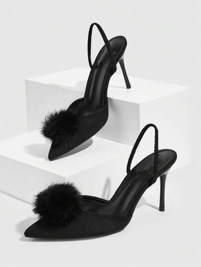 CUCCOO SZL Women Shoes Spring And Summer With Hairball Decoration Pointed Stiletto After Empty Pedal 9cm Women's High Heel Shoes Sexy Suede Solid Color Comfortable Dating Party Valentine's Day Internet Celebrity Same Style European And American Style