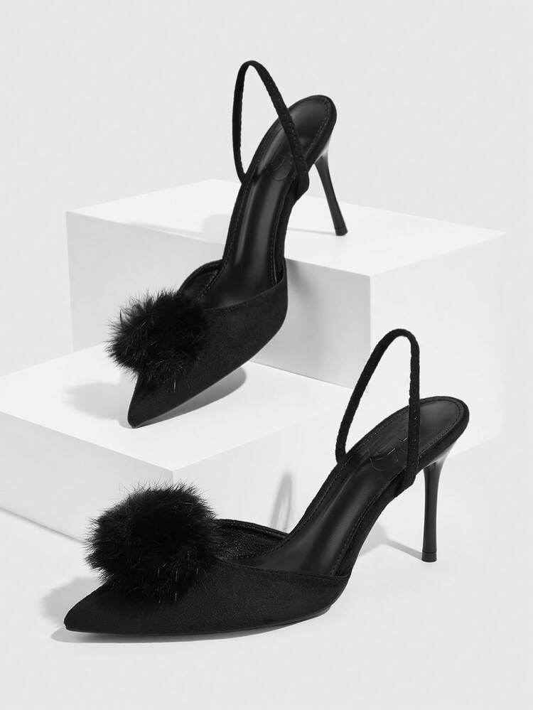 CUCCOO SZL Women Shoes Spring And Summer With Hairball Decoration Pointed Stiletto After Empty Pedal 9cm Women's High Heel Shoes Sexy Suede Solid Color Comfortable Dating Party Valentine's Day Internet Celebrity Same Style European And American Style