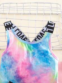 Bộ 2 món áo vest và quần short dệt kim nhuộm màu tie-dye cho bé gái, có chữ cái trang trí, kiểu dáng thường ngày. - Nhiều màu - Xem 4