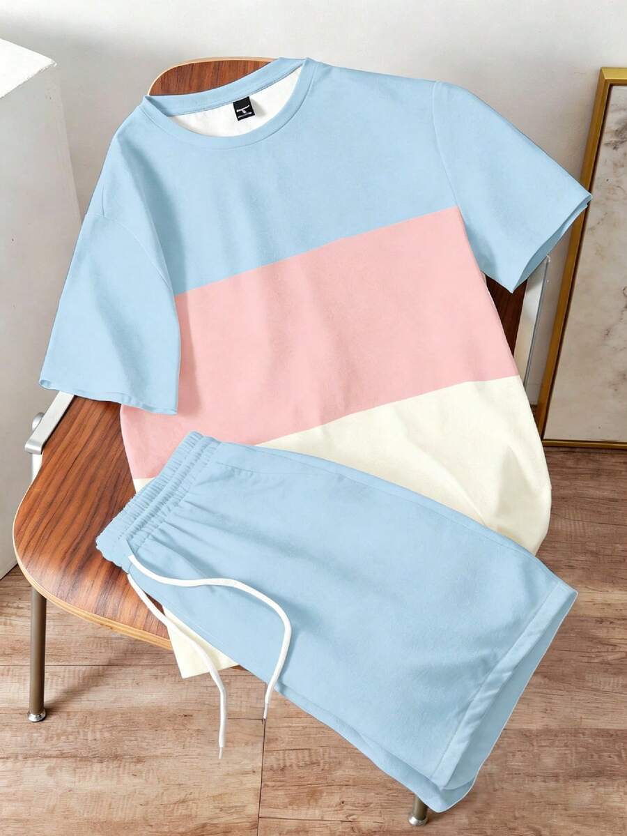 Manfinity Joysei Conjunto de camisetas casuales de hombre con estampado de bloques de color, conjunto de dopamina, adecuado para actividades al aire libre en verano - Multicolor - Ver 1