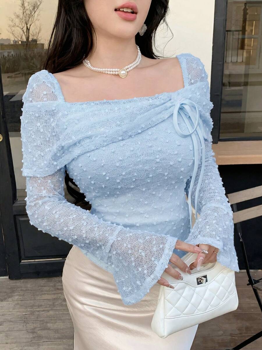 Feyla Elegant Ladies Sheer Dotted Mesh Square Neck Top With Drawstring Detail