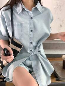 DAZY 女士翻领短袖侧系带牛仔衬衫和宽松短裤度假风休闲牛仔套装 - 淺色水洗藍 - 查看 2