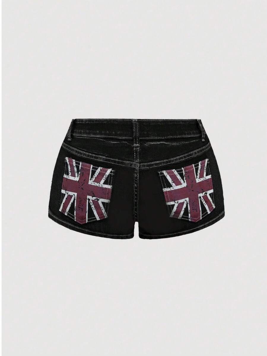 ROMWE Grunge Punk Spring/SummergraphicY2K Retro Washed Pocket UK Flag Print Super Low Waist Denim Shorts - Black - View 1